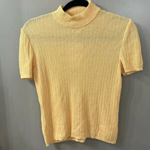 St. John Collection Shirt Yellow Ribbed Shirt Mock Neck Short Sleeve Size Medium